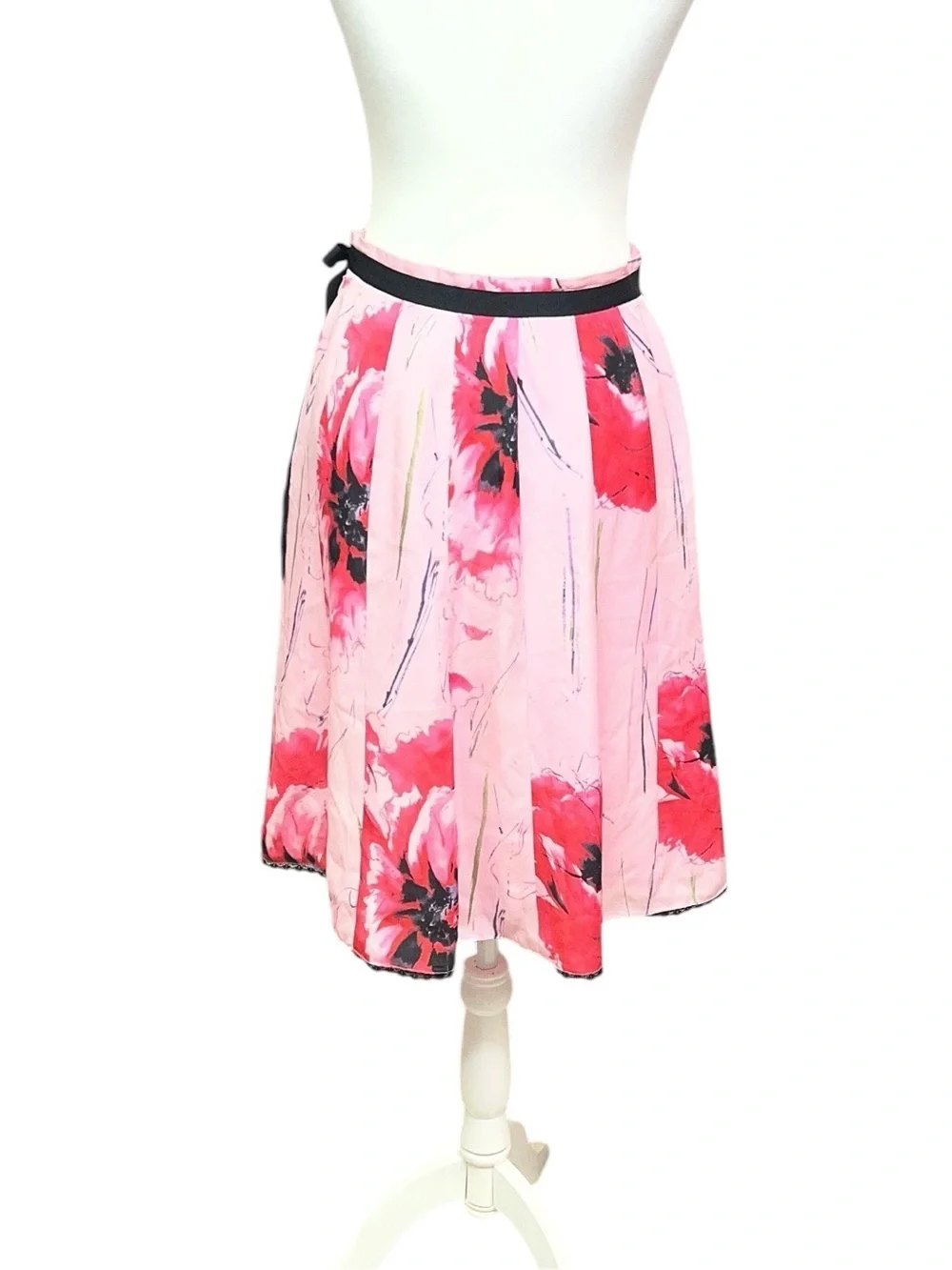 Floral Pink & Red Circle Skirt with Black Waist Tie